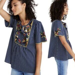 Madewell Navy White Stripe Embroidered Floral Fable Top Sz XS Boho